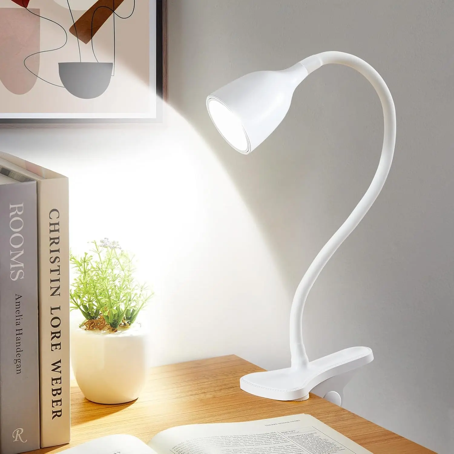 Desk Lamp for Home Office - Clip on Reading Light and Bed Headboard Clamp Lamp, Bedside Gooseneck Table Lamp, Clip on Desk Lamps, Eye-Caring Desk Lamp for College Dorm Room Study Lamp, White