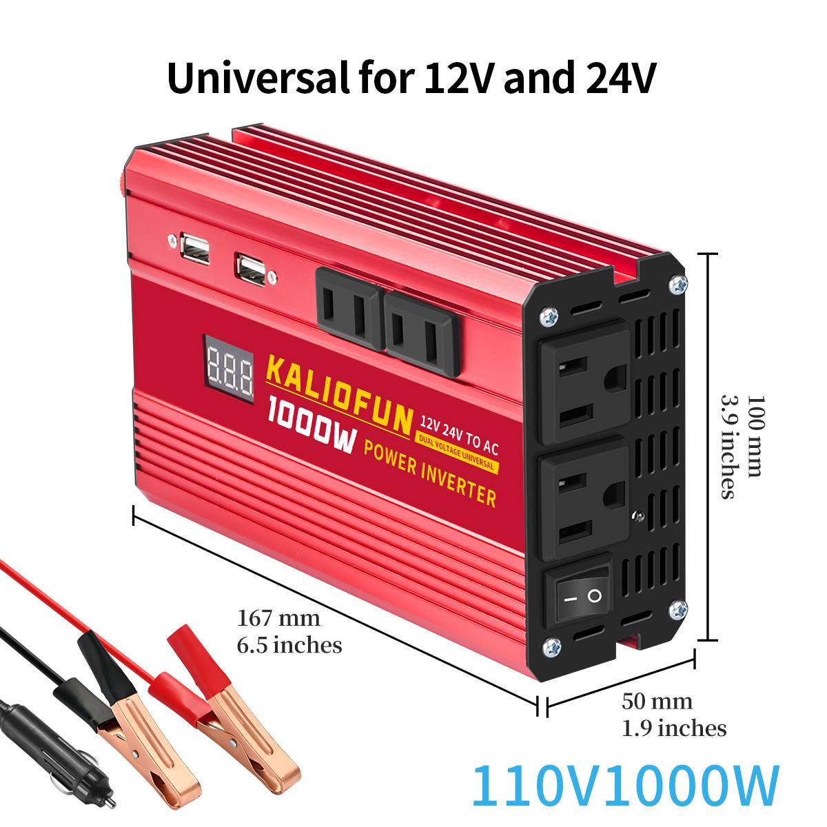KALIOFUN 1000W Power Inverter Dual Voltage 12V/24V to AC 110V Universal for Camping with Overload Protection & Multiple USB Ports