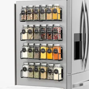 Rack, 4 Pack, 24 Square Glass Jars with , Quick-Find Pre-Printed Labels, Funnel, Space Saver, Refrigerator and Microwave Oven Organizer