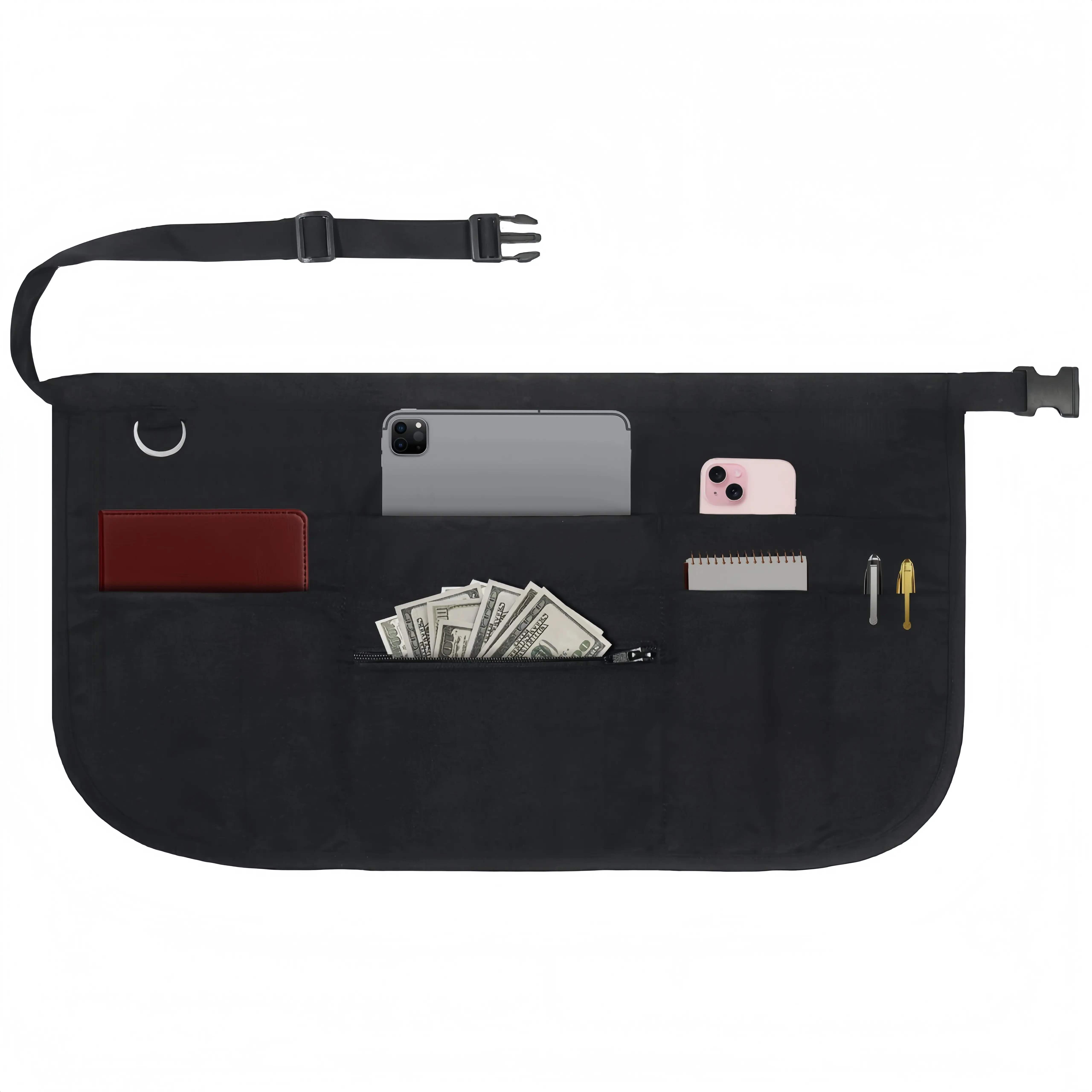 Pockets Server Apron with Buckle Closure & Zippered Money Pouch – Stain Resistant, Black Waitress Apron