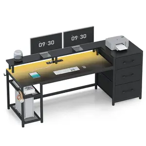 59 Inches Reversible LED Gaming Desk with File Drawers Black