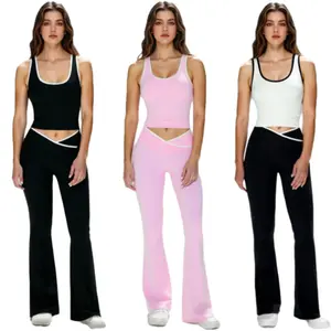 Women's 2-Piece Workout Set - Wide Strap Crop Tank & Fold-Over Yoga Flare Pants, Scoop Neck Sleeveless Top & Cross Waist Bell Bottom Trousers, Comfortable & Stylish Fitness Clothing