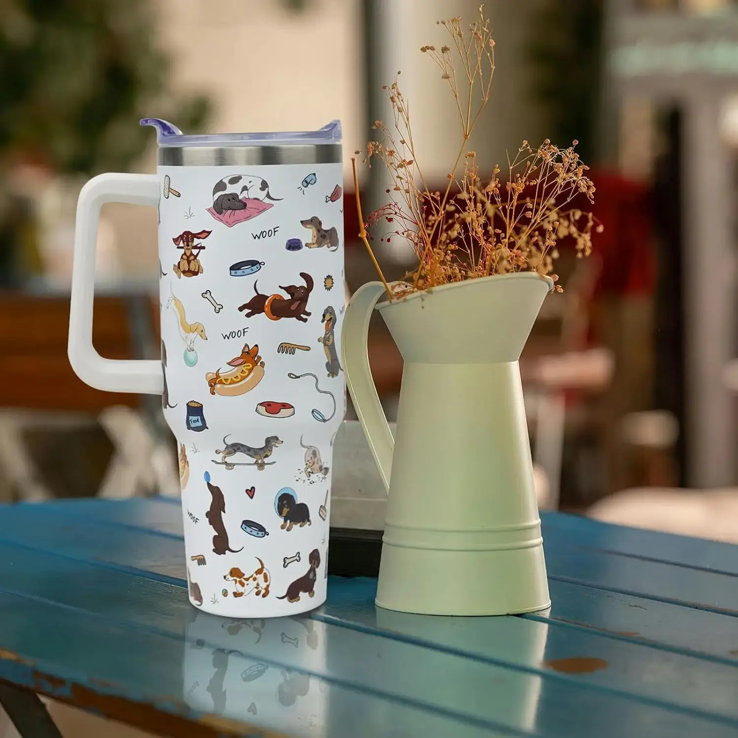 40oz Reusable Stainless Steel Insulated Dachshund Coffee Tumbler - Leak-Proof Vacuum Flask with Handle, Straw, Lid, Ideal Kitchenware Drinkware Gift for Dog Lovers (Animals Enthusiasts) for Mother's Day, Portable