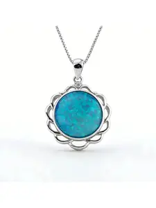 Blue Opal Pendant Necklace,Floral Frame with Round Opal Gemstone,Silver Color Chain,Dainty Elegant Jewelry Party Gifts for Women