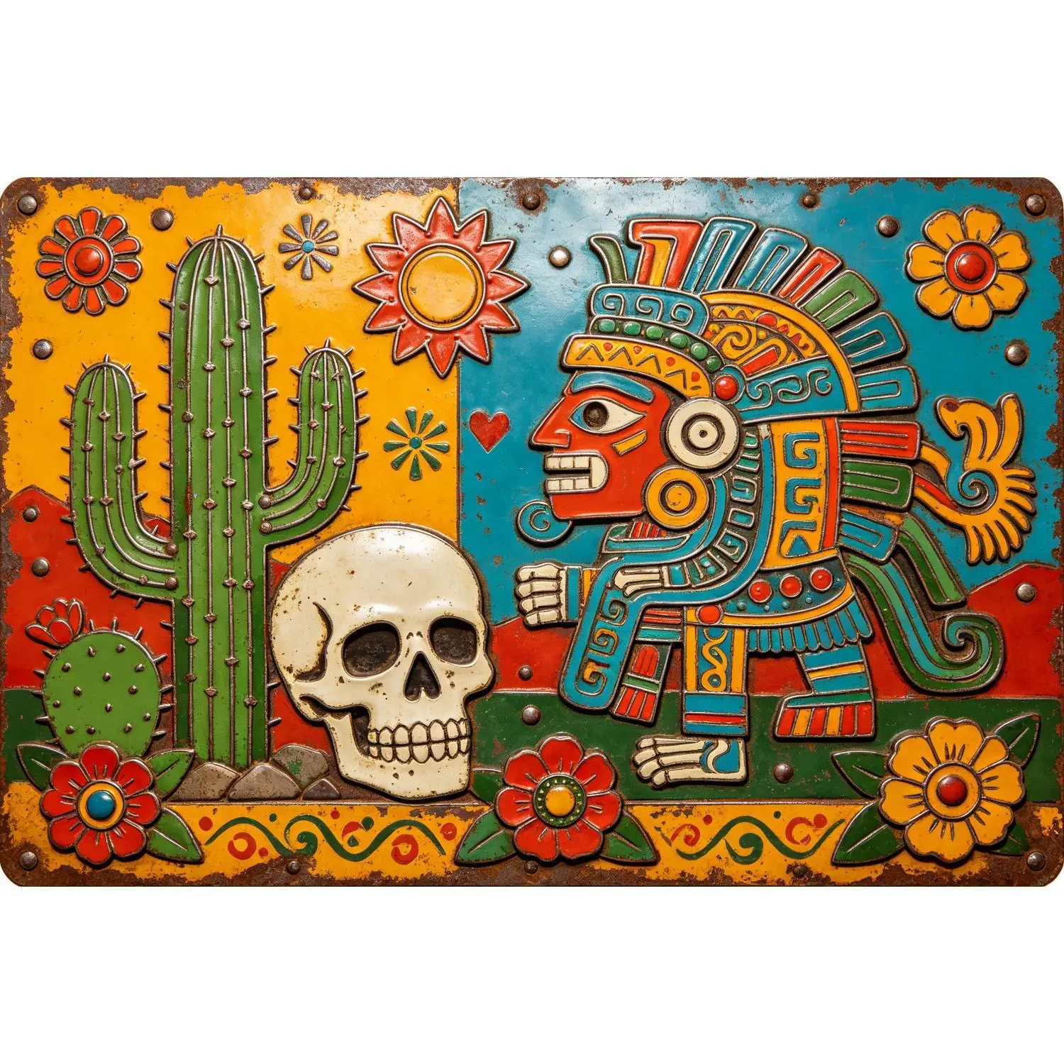 Mexican Vintage Aluminum Decorative Wall Sign, 12x8in Aztec Warrior Sugar Skull Tin Sign with Pre-Drilled Holes, Home Decor Ideal Gift for Family