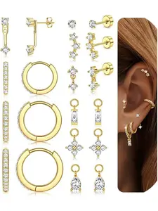 14K Gold Plated Silver Flat Back Earrings for Women - Stainless Steel Hoop Cartilage Earrings Set Small Flatback Stud Stacks with CZ Charm Helix Conch Tragus Piercing Jewelry