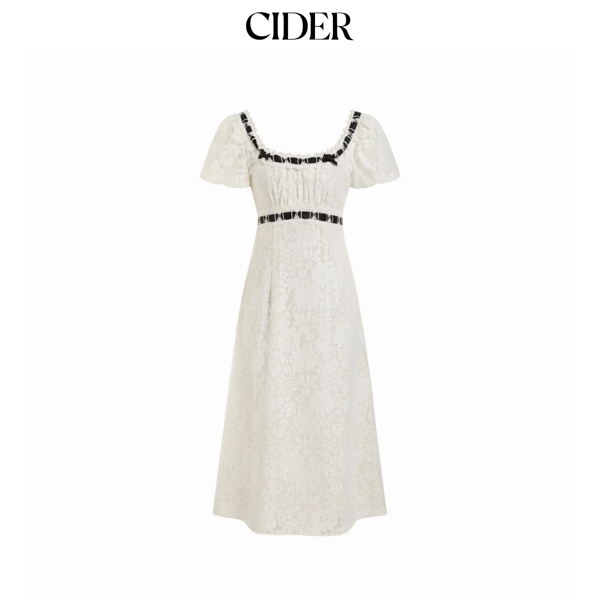 Cider Lace Square Neck Puff Sleeve Bowknot A-line Maxi Dress