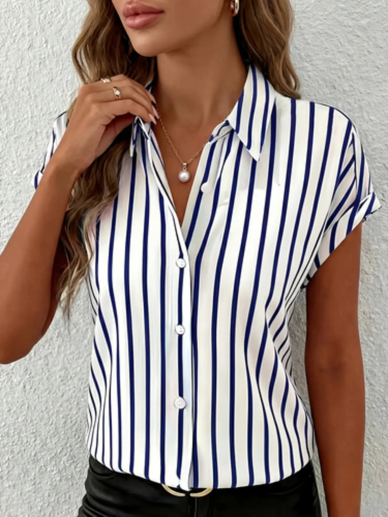 2026 French Luxury Blue Striped Blouse Top for Women, Summer New Arrival, Flowy Satin Lapel Short Sleeve Button Commuter Shirt, Versatile Casual Fashion