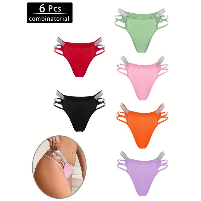 6 Pack Women's Sexy Heart-Shaped Chain Bikini Panties - Mixed Colors, Fashionable Soft Breathable Nylon Blend, Mature Elegant Low-Waist Design, Suitable for Parties and Romantic Dates Swim Knicker