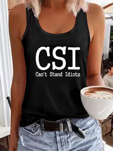 Women's CSI Can't Stand Idots Print Sports Tank Top, Casual Sleeveless Round Neck Top for Daily Wear, Ladies Sportswear for Indoor Outdoor Wear