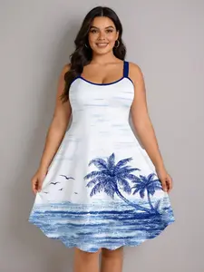 Rgothic Hawaii Plus Size Women's Ombre Coconut Tree Palm Leaf Print Tank Dress A-Line Knee-Length Casual Spring Summer Dress Sleeveless High Stretch Fabric flowy  chiffon  dress plus size valentines day outfits