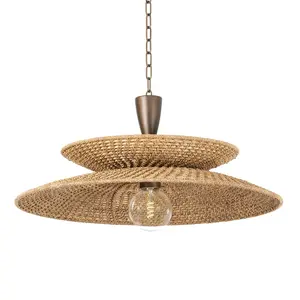 Landry Pendant Light - Large Coastal Design with Natural Abaca Fiber Shades and Vintage Gold Leaf Chain