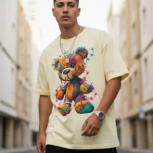 Men's Summer Cartoon Bear Printed Round Neck Short Sleeve Casual T-Shirt Unisex Top Classic Cotton Loose Fit Garment