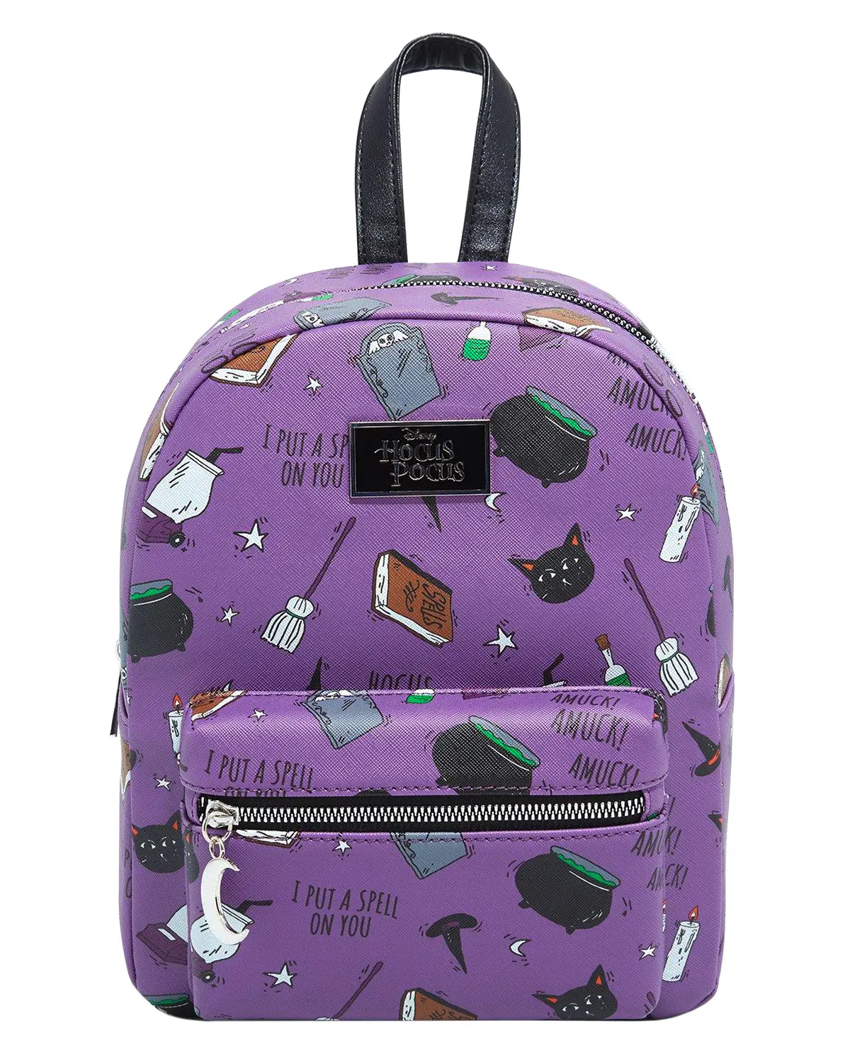 Women's Disney Hocus Pocus Spell Book-Binx-Cauldron AOP Faux Leather Mini Backpack, 11" Stylish Casual Daypack, Premium Backpack with Zipper for Back to School Hauls & Candles Storage