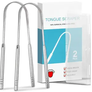 [New Deal]-2 Pack Tongue Scraper, 100% Surgical 304 Stainless Steel Tongue Cleaner for Adults And Kids, Professional Tongue Brush for Oral Care, Improve Bad Breath and Fresh Breath