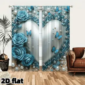 2D Flat 2Pcs Blue Rose Butterfly Curtains Panels Romantic Floral Heart Pearl Design Window Drapes Teal Turquoise Flower Print for Living Room Bedroom Balcony Decorative Blackout Semi Sheer Treatment Home Decor Valentine's Day Gift Home Decoration Curtain