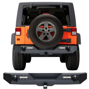 Rear Bumper for Wrangler JK & JKU 2007-2018, Full Width Off-Road Bumper with 2 LED Lights & D-Ring Tow Points, Heavy-Duty Steel Construction, Rock Crawler Design (2/4 Doors)