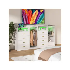 New 2024  Bigbiglife 4 Drawer Charging Station White Chest Of Drawers LED Lights Wood Dresser With Clothes Rack Flexible Shelf And Open Storage Space Modern Design For Bedroom Closet Locker Room Indoor Furniture