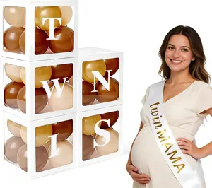 White Twin Party Favours - Balloon Gift Box Set, Comprising 5 Transparent Balloon Boxes, 5 Letter Decorations, "Twin MAMA" Sash.Decorating Twin Christening Parties, Gender Reveal Parties.