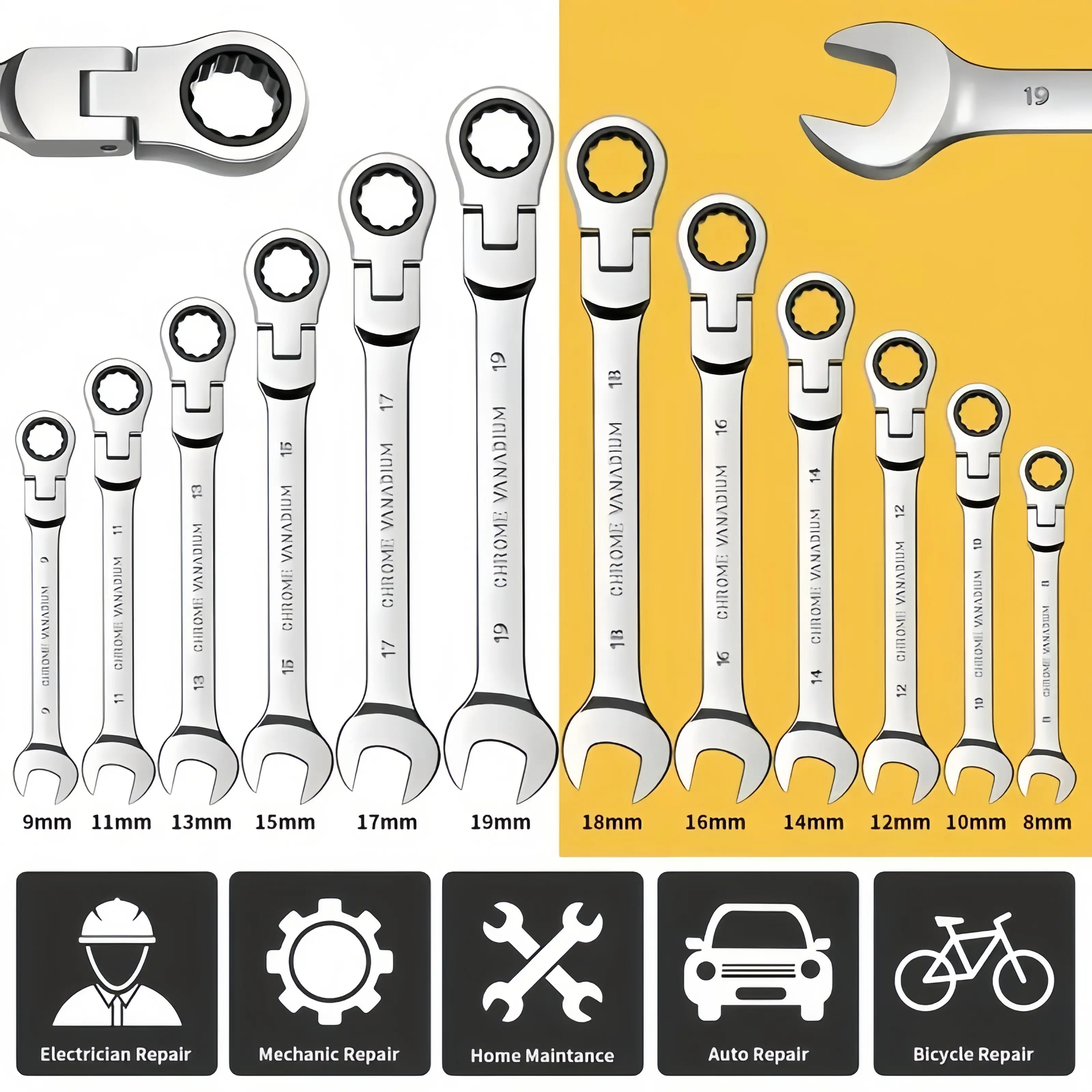 12Pcs Flexible Head Ratcheting Combination Wrench Set Metric 8-19mm Chrome Vanadium Steel Swivel Ratchet Spanner Kit Open Box End Wrenches For Auto Motorcycle Mechanic Repair Garage Hand Tools