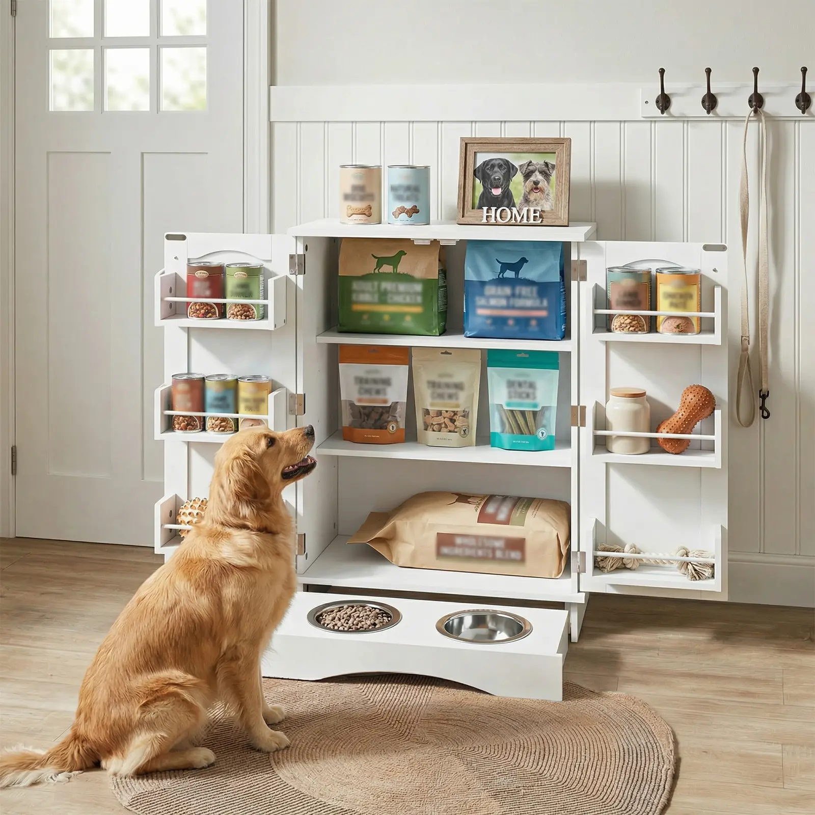 Compact Pet Storage Cabinet with Slide-Out 2-Bowl Feeder, White Dog Food Pantry with Door Shelves & Customizable Name Stickers