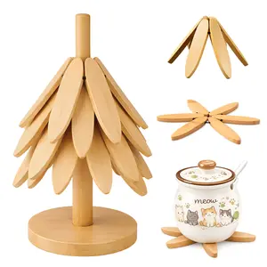 Natural Wood Trivet Set – 4 Foldable Heat-Resistant Trivets with Storage Stand, Durable Solid Wood Coasters for Hot Pots, Dishes, Bowls & Teapots