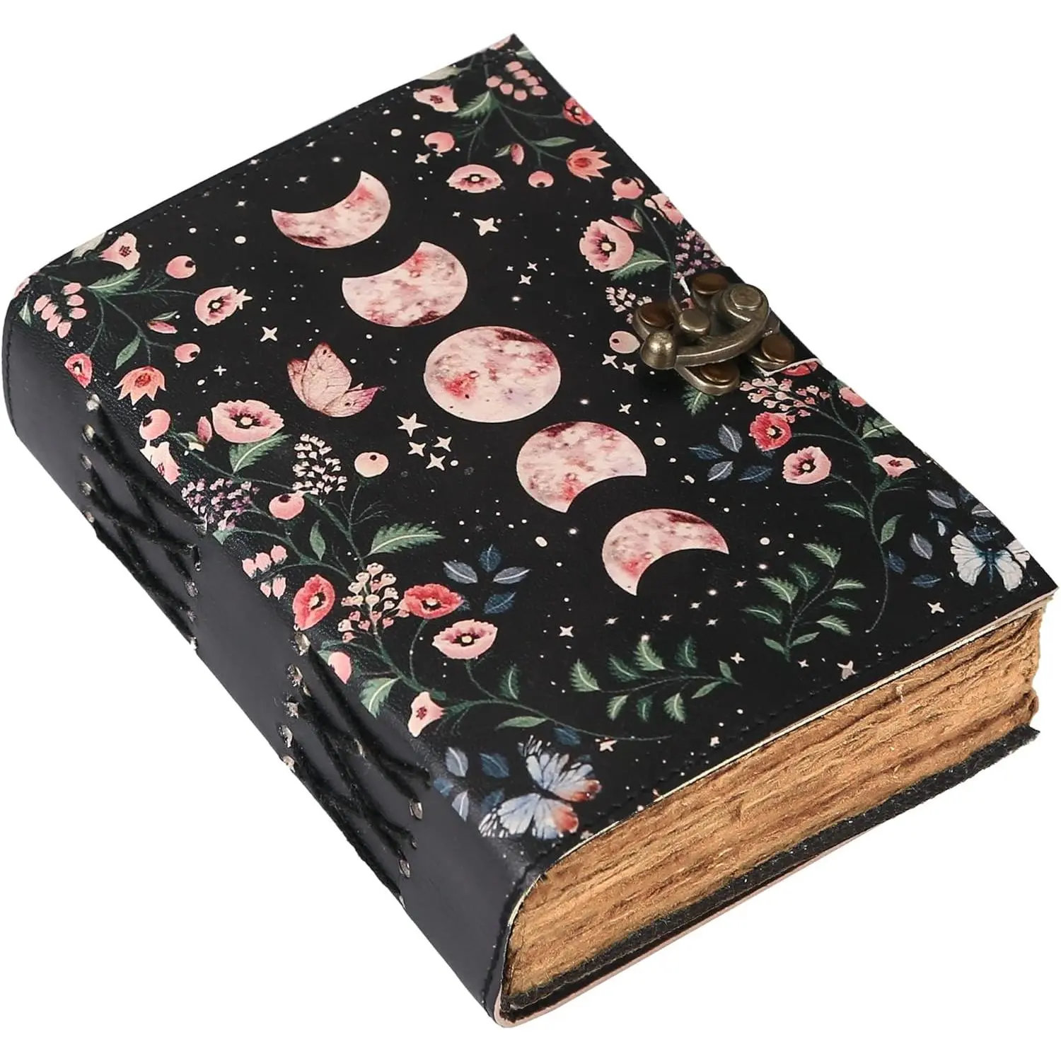 Blank Spell Book of Shadows Journal with Lock Clasp Celestial Handmade Vintage Leather Journal Moon Phase Print Diary Prayer Pagan  Supplies  Decor Notebook (8 X 6)