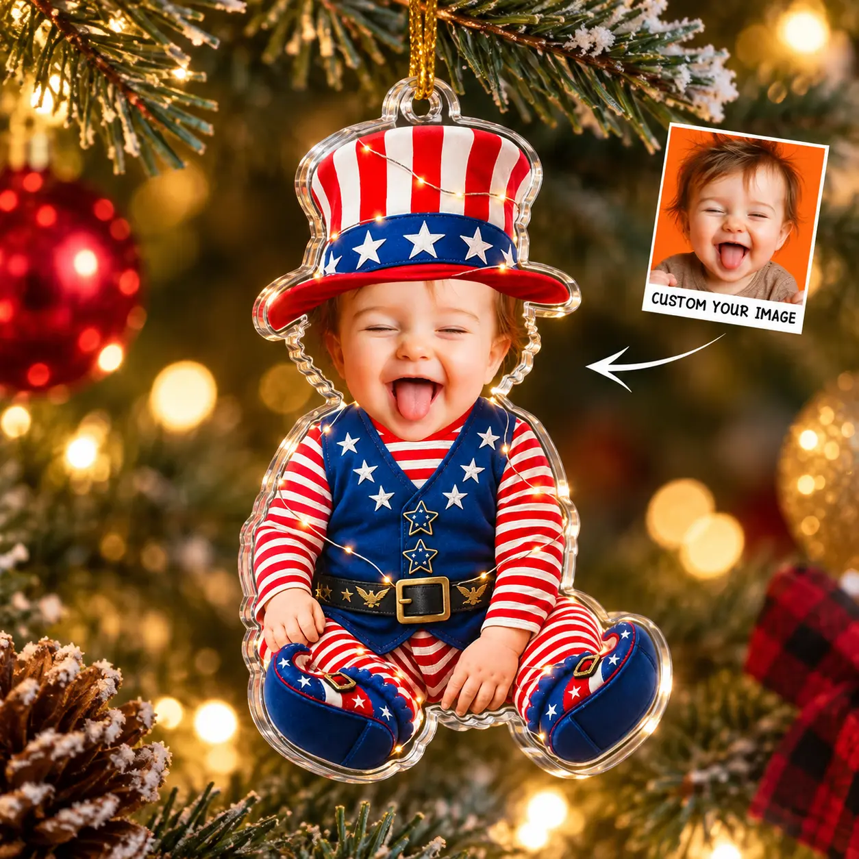 Custom Photo Baby Ornament Uncle Sam Christmas Keepsake Personalized Acrylic Holiday Gift AST-4805-9406