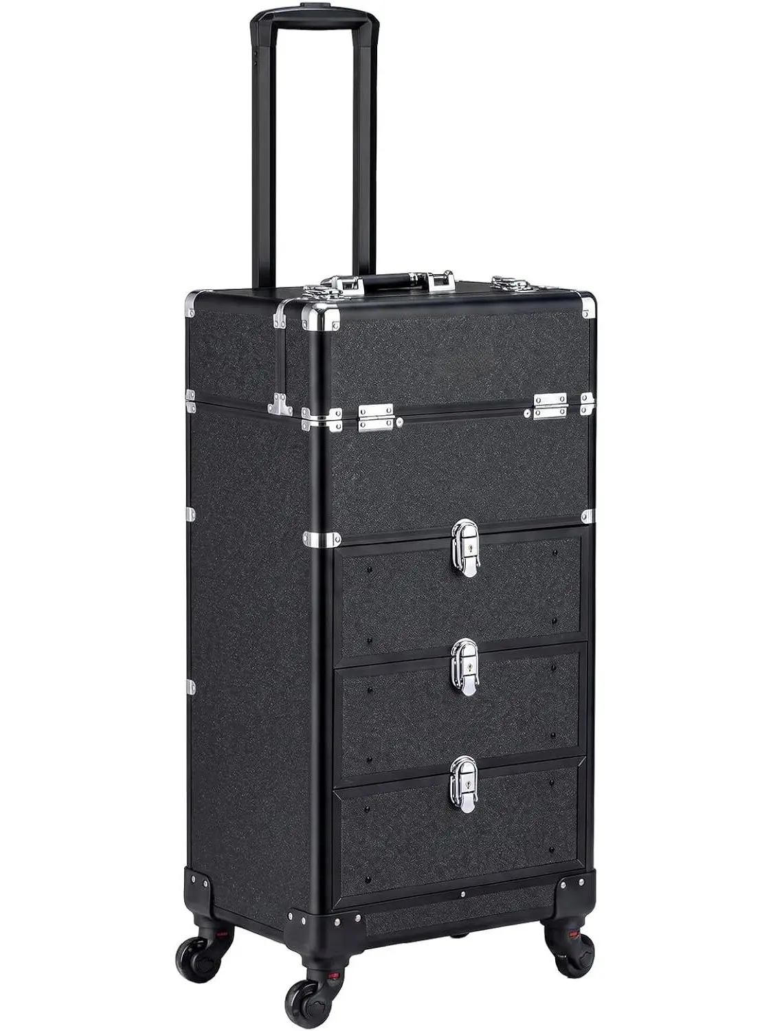OmySalon 4-in-1 Durable Aluminum Rolling Makeup Train Case with Handle, Smooth Rollers, Lockable Storage, Removable Casters & Eyeshadow Set for Makeup Artists, Travel Cosmetic Organizer