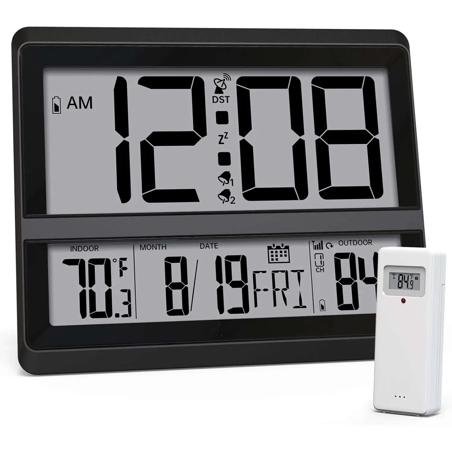Atomic Clock Large Display, Digital Wall Clock with Indoor Outdoor Temperature and Date,  Outdoor Sensor, Digital Desk  Clock  Operated for Bedroom, Easy to Read, Black