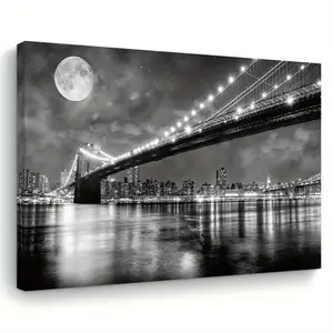 Brooklyn Bridge Black and White Edition - Elegant Wooden Frame Canvas Art, Suitable for Living Room, Bedroom, Kitchen, Home Office Decoration - Unique Gift Idea, Wall Art Print, Holiday Gift, Perfect for Him, Ideal Room Decoration