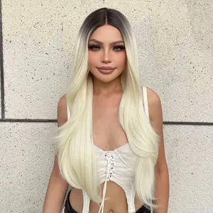 [*Scarlett]【T Part Lace Front】DWY Mid-Length Curly Platinum Blonde With Dark Roots Ombre Wig Women Daily Use BL66122-1