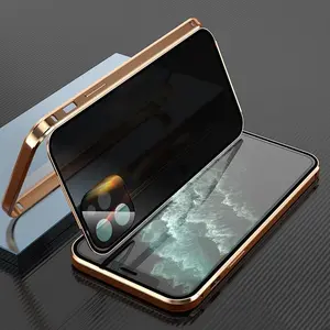 Magnetic titanium case suitable for iPhone 16, 15, 14, 13, 12, 11 Pro Max , equipped with privacy screen protector, iPhone 16 Pro Max anti peeping magnetic adsorption double-sided tempered glass protective case anti peeping phone case