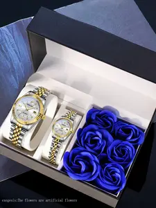 2-piece couple's matching watches Watch Set rose gift box, daily expression of love, minimalist style, couple's fashion item, trendy gift box packaging