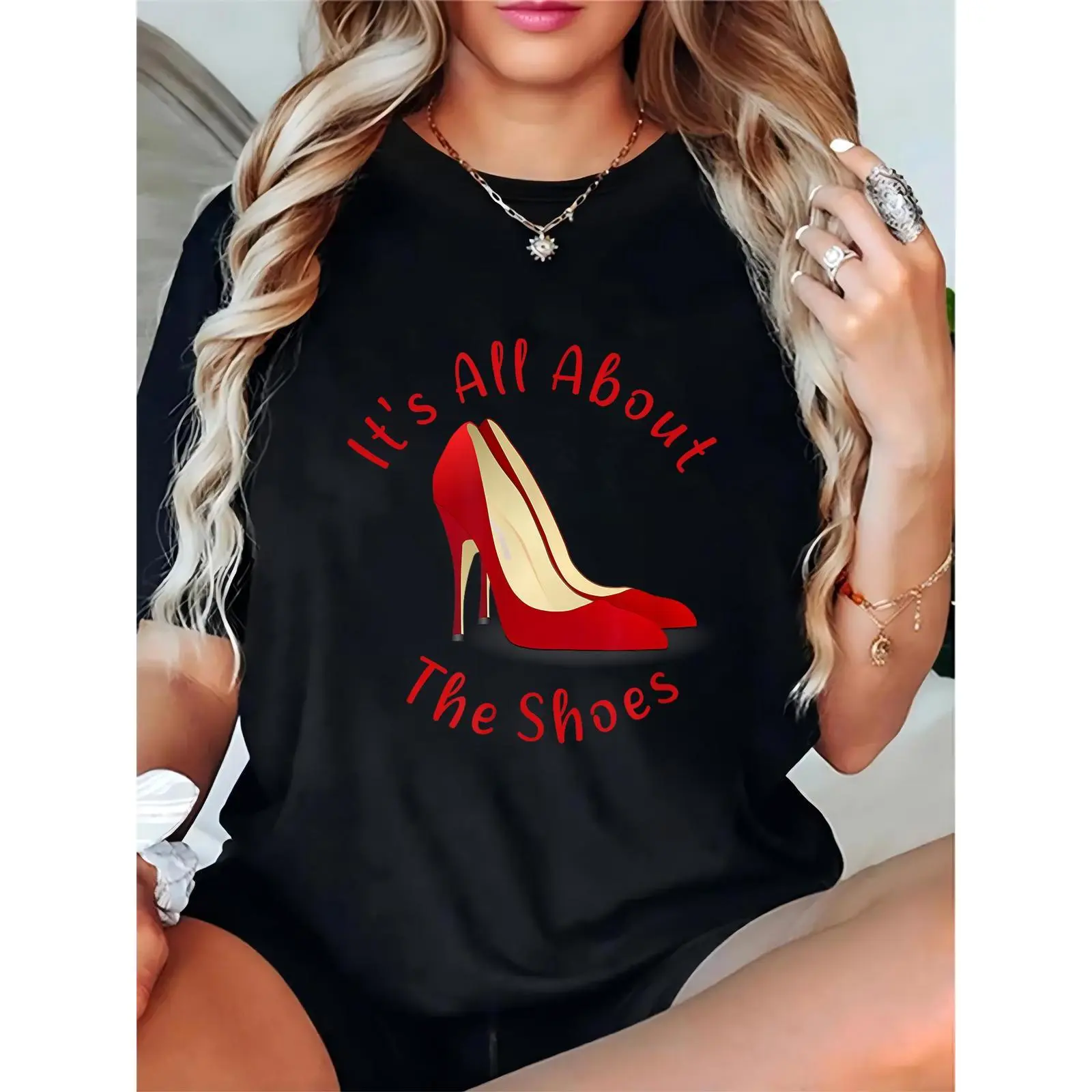 Women’s Black T-Shirt with Red High Heel & “It’s All About The Shoes” Print, Casual Daily Wear for Fashion & Shoe Enthusiasts, Basic, Shortsleeve, Essential, Elegant, Day, Comfortable, Feminine, Fit