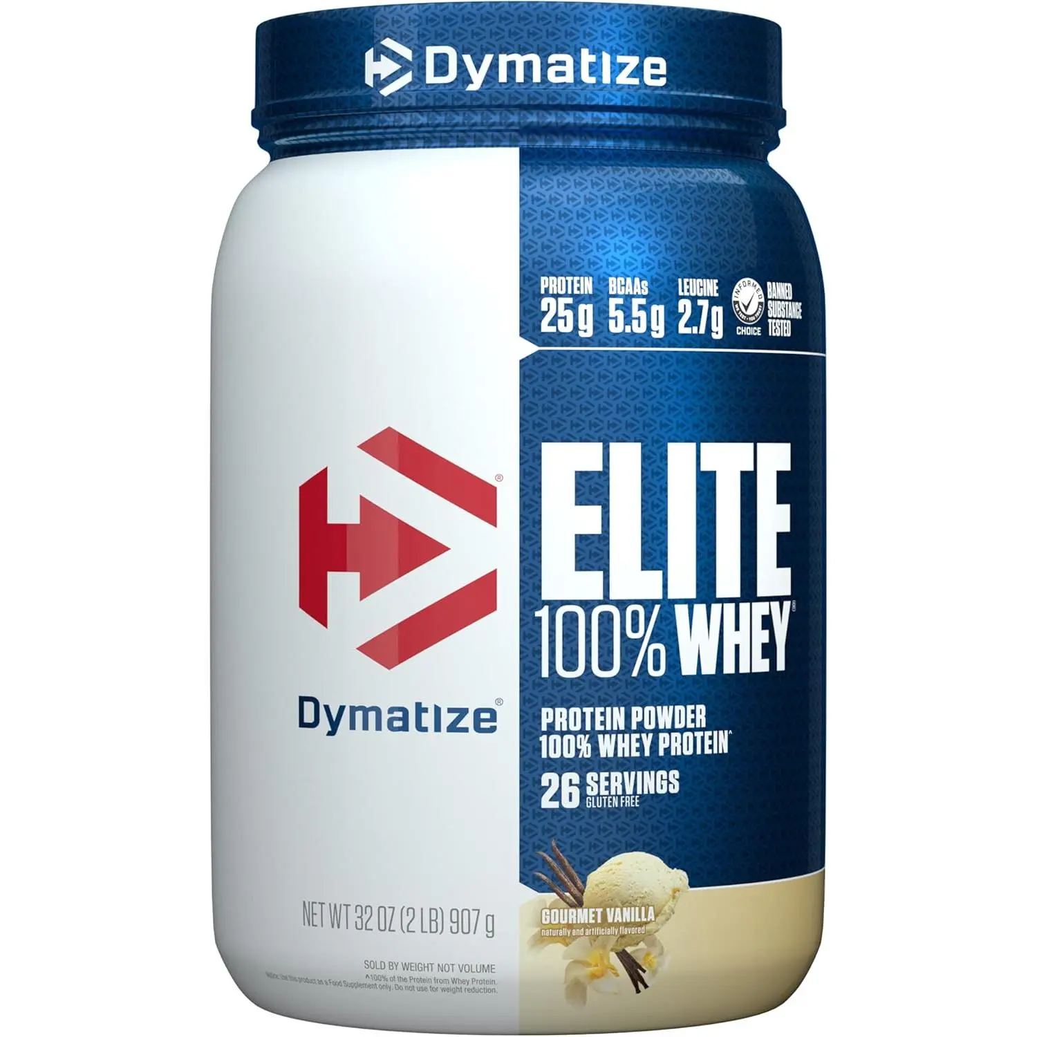 Dymatize Elite 100% Whey Protein Powder - 32 Oz Dietary Fitness Instant Mix Lean Whey Protein Supplement, Milky Gourmet Vanilla, L-Leucine-Infused, Quick-Absorbing, Adult-Focused, Soy-Free Dairy-Based Single Item