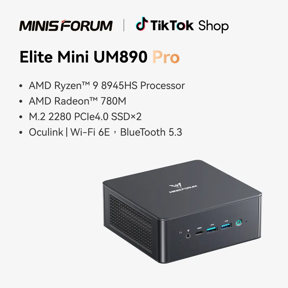 MINISFORUM UM890 Pro Mini PC AMD Ryzen 9 8945HS(8C/16T, up to 5.2GHz) 32GB DDR5 1TB PCIe4.0 SSD, 2xUSB4(PD 8K)|1xHDMI|1xDP Four Outputs, 2x RJ45, BT5.2 4xUSB3.2 AMD Radeon 780M Graphics Micro Computer BackToSchool