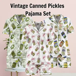 Vintage Canned Pickles Pajama Set Set Satin Silk - Soft And Alluring Nightwear, valentime Gift, Loungewear, Homewear, Ideal Gift for Mom, Gift for her
