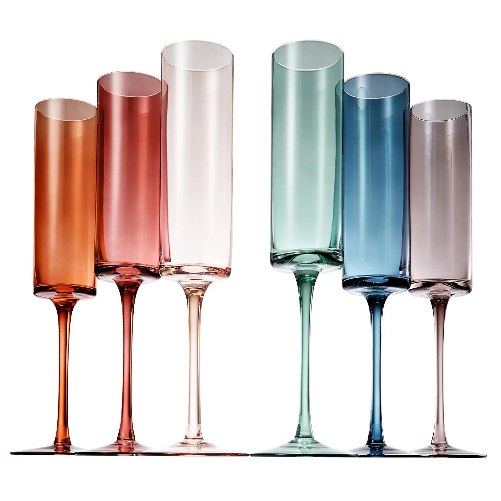 Khen Colored Champagne Flute Stemmed Glasses | Set of 6 | 6oz Art Deco Stemmed Martini Muted Vintage Glasses for Champagne, Cocktail, Margarita, Wedding Glass, Gift Idea, Muted Pastel Colors Unique