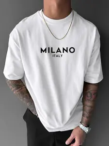 Men's Letter Print Round Neck Tee, Regular Fit Casual Comfy Drop Shoulder Short Sleeve T-shirt for Daily Wear, National Day Clothing, Men's Summer Clothes