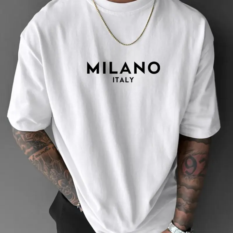 Men's Letter Print Round Neck Tee, Regular Fit Casual Comfy Drop Shoulder Short Sleeve T-shirt for Daily Wear, National Day Clothing, Men's Summer Clothes