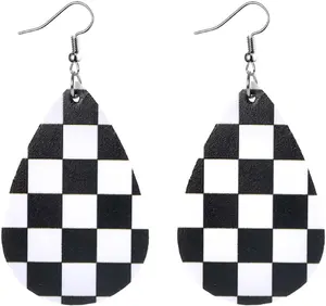 Checkerboard Earrings for Women Checkered Chess Board Flag Leather Teardrop Cute Accessories Dangle Lightweight Funny Gifts