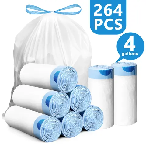 Durable Trash Bags Set - Sturdy 4gal Trashbags, Disposable Drawstring Odorless Moderate-Thickness White Tear-Free Plastic Liners, 264/132 Counts Home Supplies for Kitchen, Bathroom Use