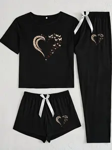 Three-Piece Pajama Set for Women, Heart and Butterfly Print, Fitted Casual Sleepwear, All Seasons Comfortable Nightwear, Pjs