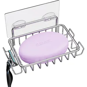 Soap Holder with 4 Hooks, Stainless Steel Adhesive Soap Dish, Soap Bar Holder, Universal Bathroom Supplies for Home Bathroom, Soap Saver