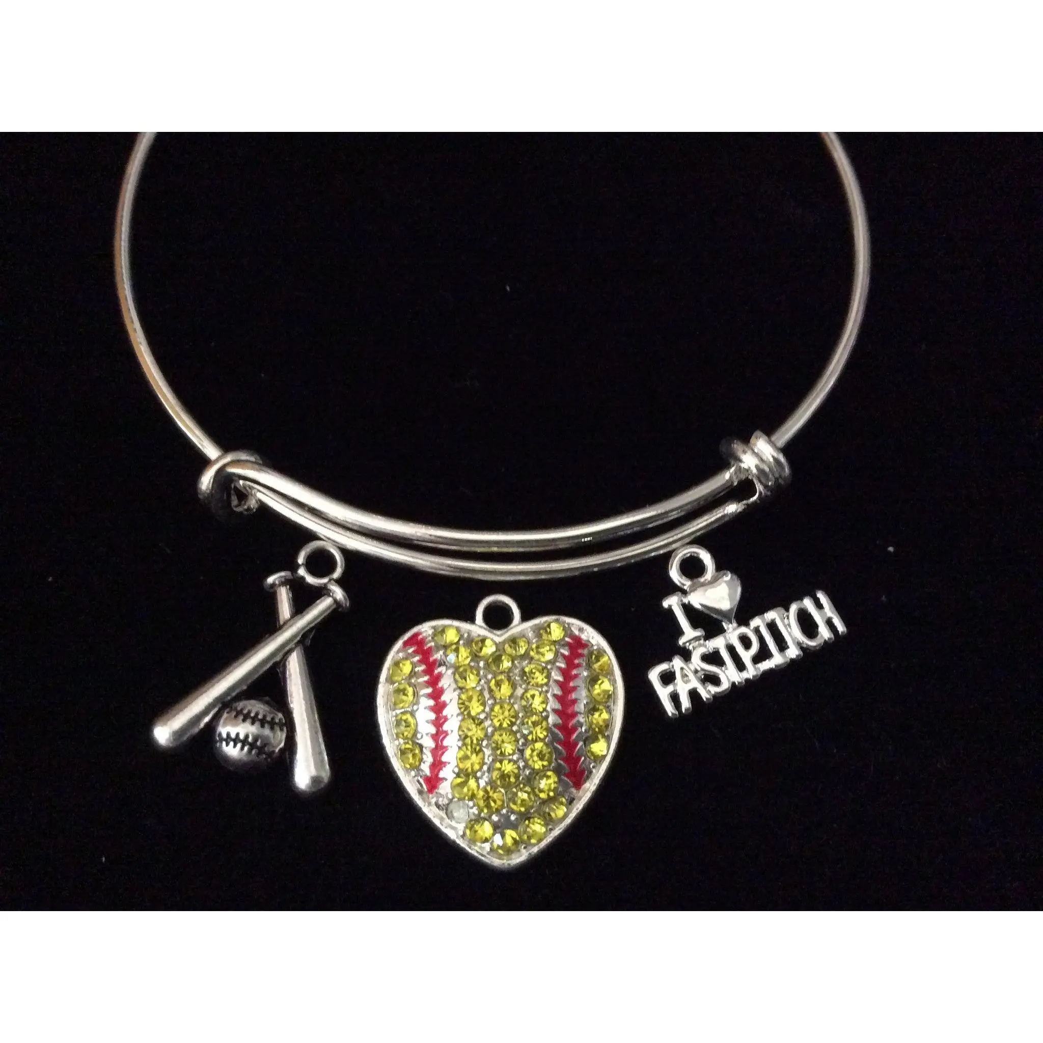 Fast Pitch Crystal Heart Softball Bats Silver Expandable Charm Bracelet Sports Team Coach Gift Adjustable Bangle