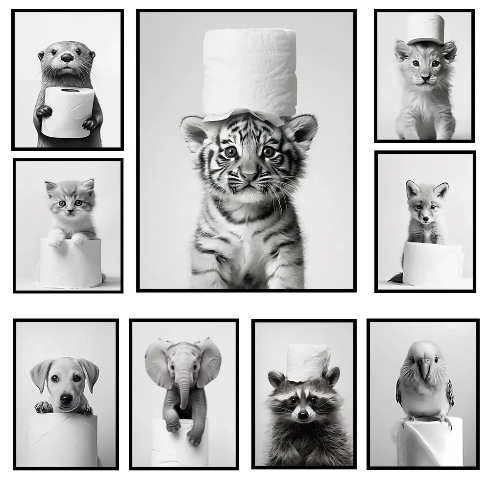 [Sale off up to 55%][Free Ship] Black and White Cute Animal Poster, Funny Toilet Paper Art Print, Lion Dog Elephant Bathroom Wall Decor