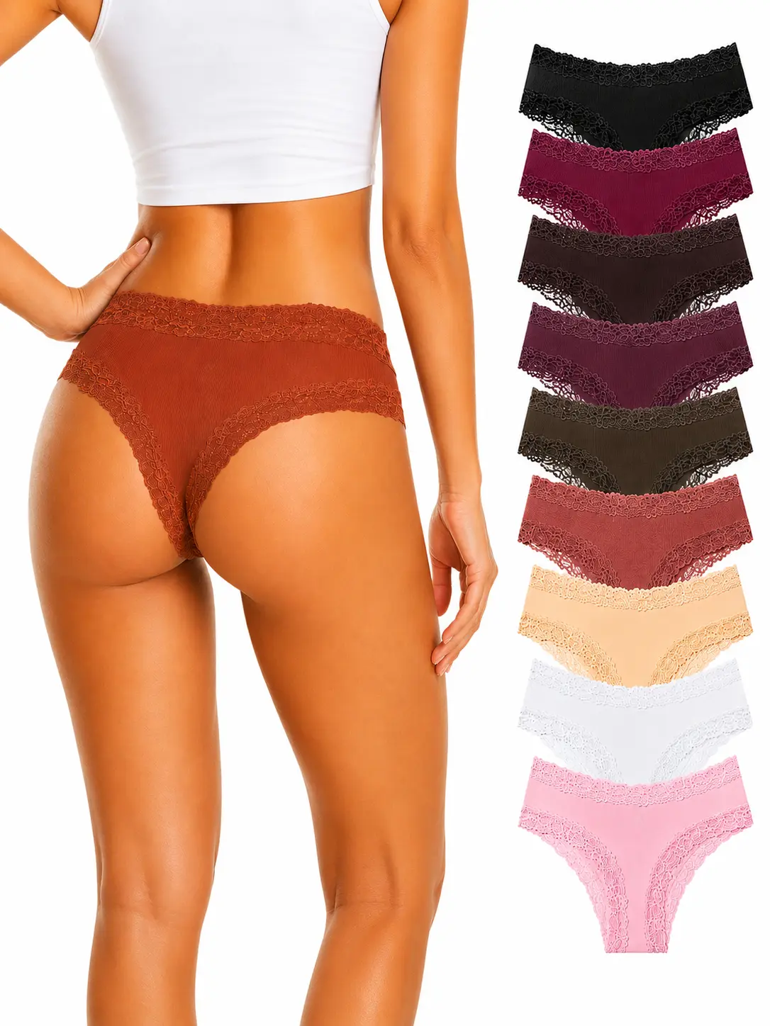 Women's 9-Pack Lace Trim Cotton Bikini Panties, Soft Breathable Low-Rise Womenswear Underwear, No-Show Everyday Essentials sexy Set for women period color floral basic with comfy body