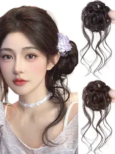 Messy Bun Hair Piece Wavy Curly Synthetic Chignon Ponytail Hair Extensions Thick Updo Hairpiece for Women Fake Hair Band Elastic Scrunchie Synthetic Curly Ponytail