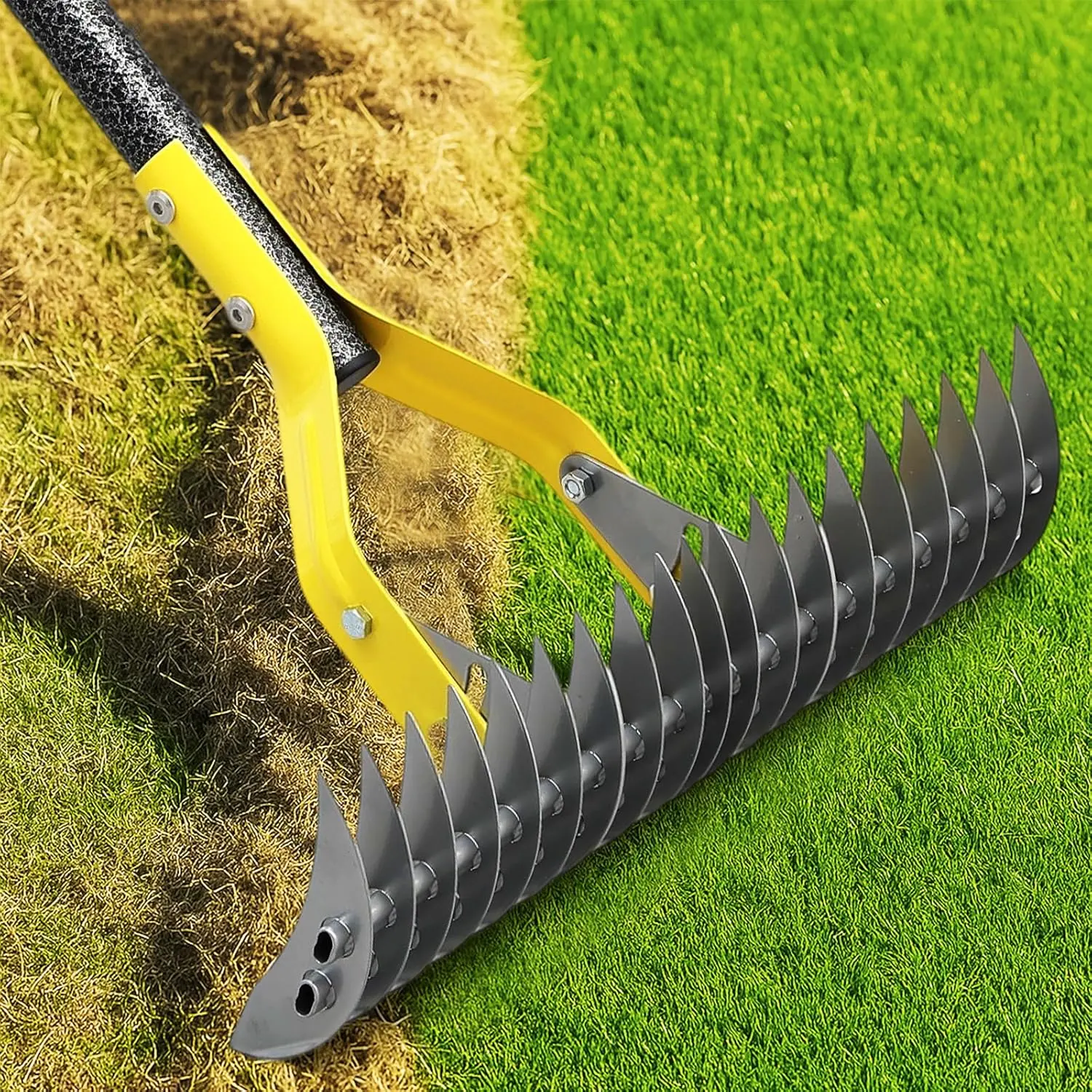 Rake for Lawn – Efficient 15" Thatching Rake with Sharp Dethatching & Scarifier Tool for Dead Grass Yard Lawn Care,55" Long